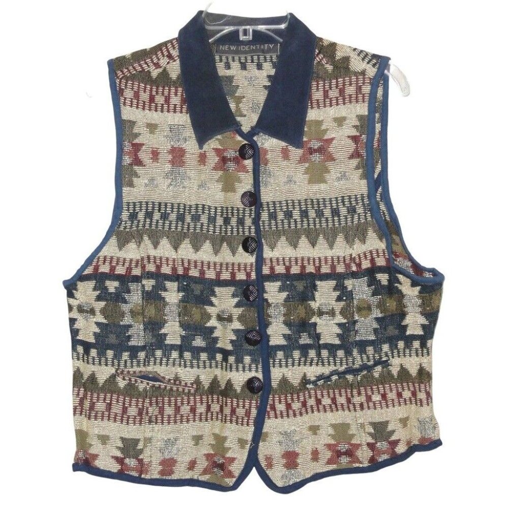 New Identity Size M Womens Vest Aztec Print Button Up Navy Collar Woven Layering